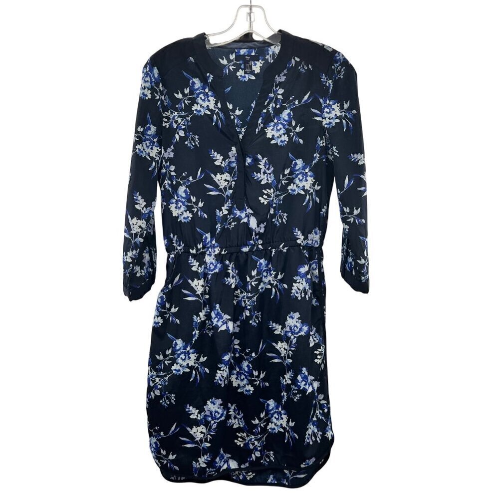 Gap Women's 3/4 Sleeve Floral A-Line Dress Navy/Multi Size XS Above Knee